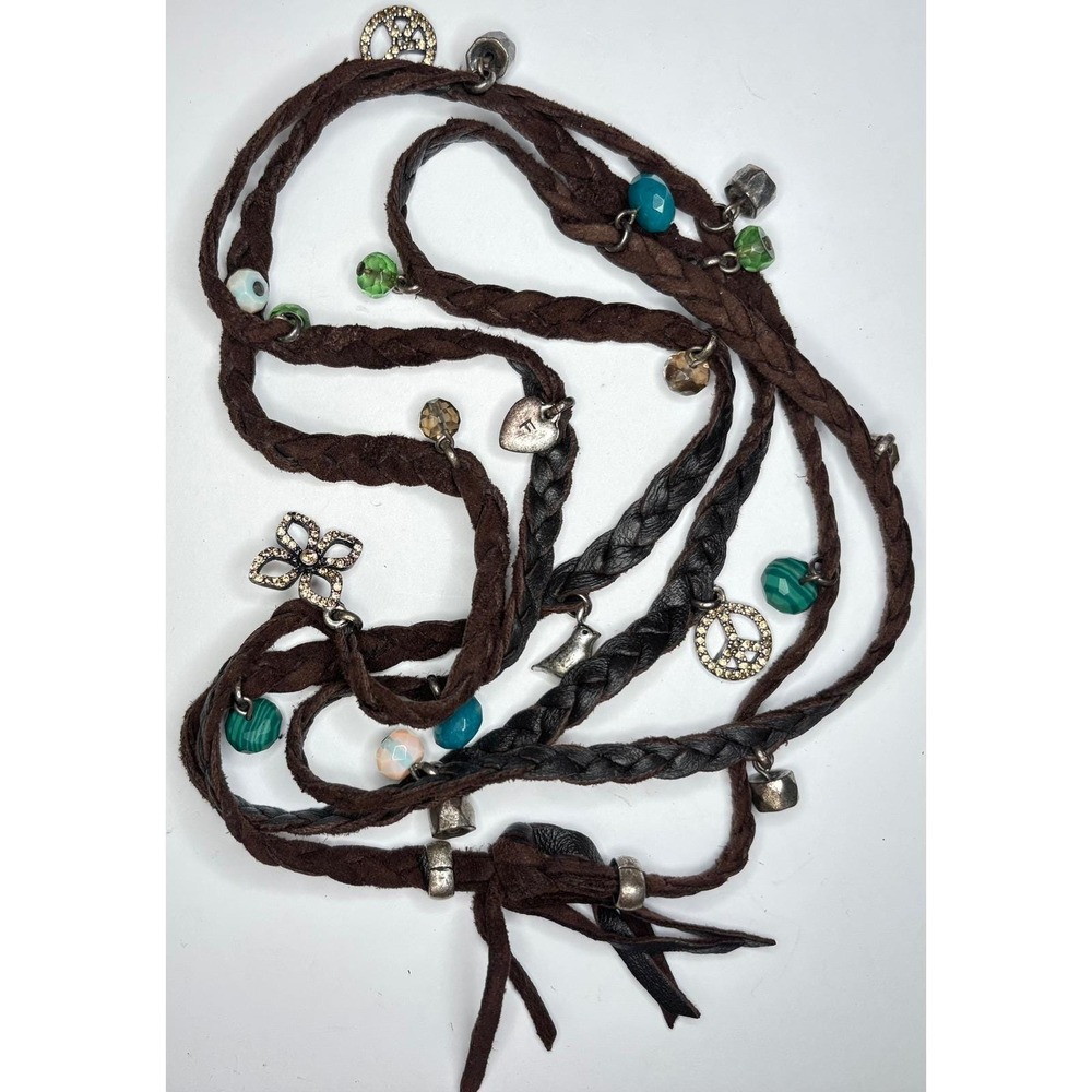 Vintage Fossil Braided Leather Charm Fringe Necklace Belt Peace Heart Bird 54"